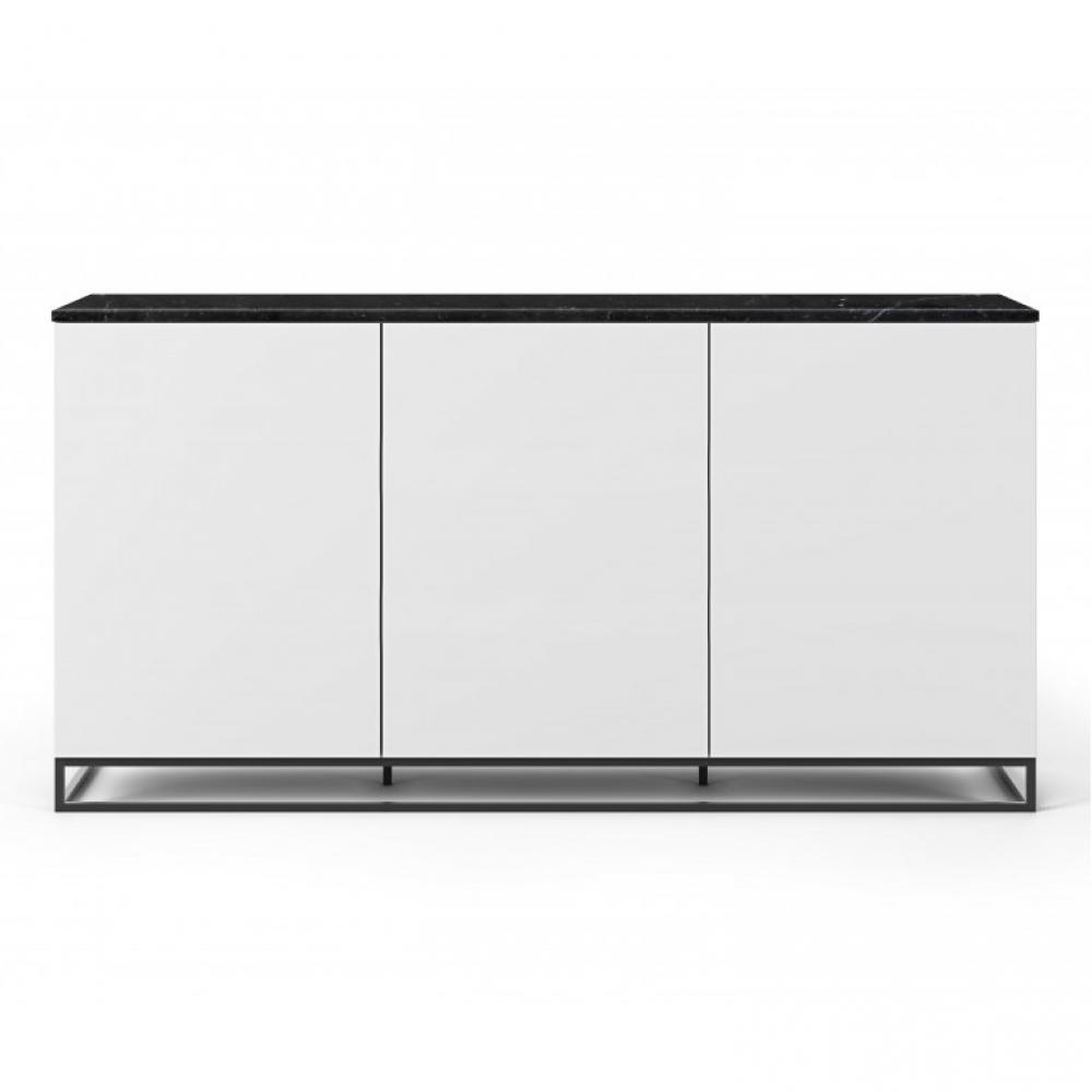 Buffet WHITY blanc mat 180cm 3 portes Plateau en Marbre noir avec piètement noir